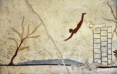 ギリシャ美術：飛び込む若い水泳選手。ダイバー」の墓のフレスコ画、パエストゥム 作： Etruscan