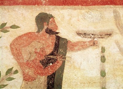 男爵の墓からダブルフルートを演奏する男と子の頭、紀元前500年頃の壁画の詳細407470 作： Etruscan