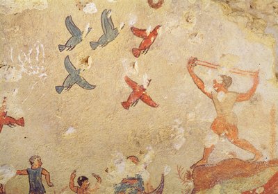 狩猟と釣りの墓からの鳥の狩人、紀元前520-10年頃（壁画） 作： Etruscan