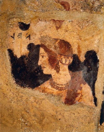 イタリア、ラティウム地方、タルクィニア（ヴィテルボ県）、エトルリア人のネクロポリス、オルクスの墓、アルント・ヴェルチャの妻、ヴェリア・ヴェルチャ（ヴェリア・スプリーナス）と呼ばれる女性の肖像が描かれた宴会シーンの詳細、フレスコ画 作： Etruscan