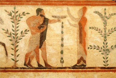 男爵の墓から死んだヒロイゼーの前の男と子、紀元前500年頃（壁画）（詳細は407469を参照） 作： Etruscan