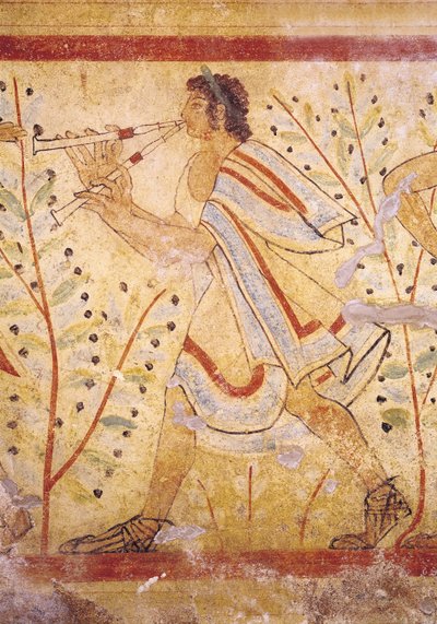 ヒョウの墓からパイプを演奏するミュージシャン、紀元前490年頃の壁画詳細76027 作： Etruscan