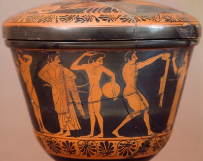 円盤投げなどの種目を行う選手がいるPyxis。チェルヴェテリ（ラツィオ州）の赤像土器。エトルリア文明、紀元前4世紀。 作： Etruscan