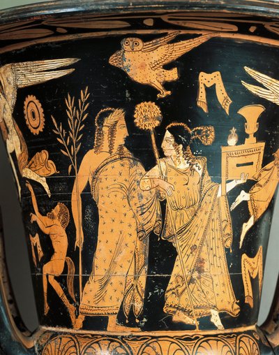 イタリア、ローマ州、古代ファレリイ、チヴィタ・カステラーナ出土の赤絵陶器「クラテル」、細部、冠をかぶったディオニュソスとアリアドネ 作： Etruscan