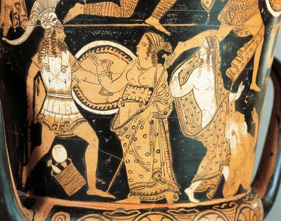 イタリア、ローマ州、古代ファレリイ、チヴィタ・カステラーナ出土の赤絵陶器、メネラウスがヘレンに近づくときにアフロディーテと向き合っている様子を描いたクラテルの細部 作： Etruscan