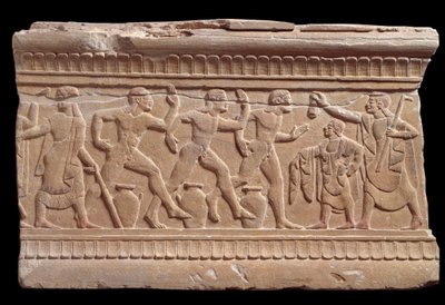 紀元前6世紀、イタリア、キウシの大理石製石碑の競技者のレリーフ 作： Etruscan