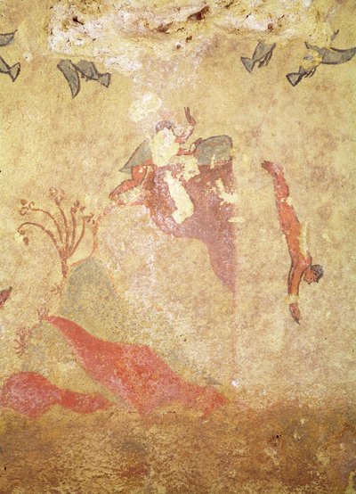 狩猟と釣りの墓からの岩とダイバー、紀元前520-10年頃（壁画） 作： Etruscan