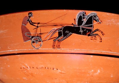 2頭の馬に引かれた戦車を表すテラコッタ製の壺の細部 紀元前4世紀 作： Etruscan