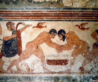 二人の力士。(フレスコ画の詳細、紀元前530年） 作： Etruscan