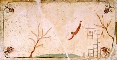 ダイバー、紀元前480-490年頃、イタリア、カンパニア州、パエストゥムのダイバーの墓の蓋板の装飾フレスコ画、紀元前5世紀 作： Etruscan