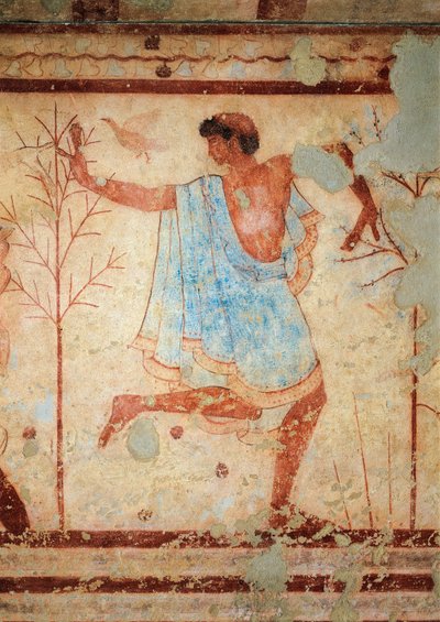 トリクリニウムの墓、踊り子を描いたフレスコ画の詳細、タルクイニア、イタリア（壁画） 作： Etruscan