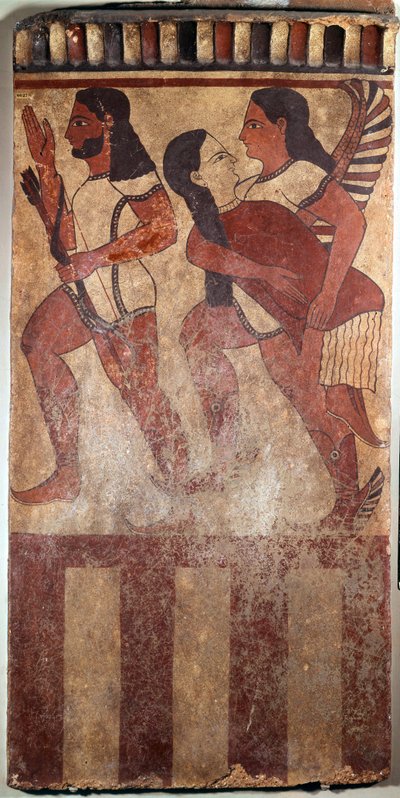 エトルリア美術。テラコッタに描かれたプレート「プラーク・カンパーナ」：射手、精霊の翼、女性像（セルヴェテリ（イタリア）、紀元前6世紀）。パリ、ルーヴル美術館（Musee Du Louvre 作： Etruscan Etruscan