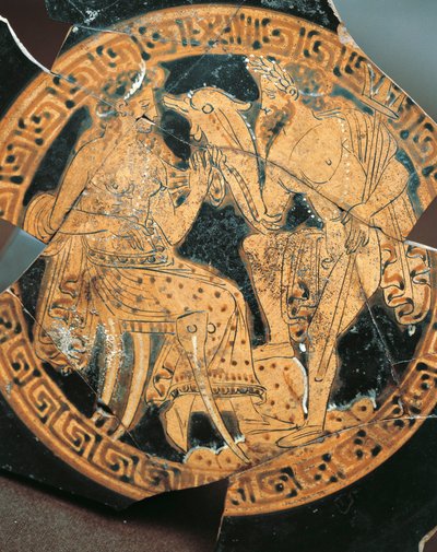 赤絵土器、ポセイドンとアンフィトリテを描いたクラテルの内部装飾、エトルリア文明 作： Etruscan Etruscan