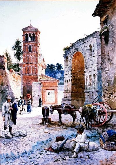 アーチのあるローマ広場の人物（水彩画） 作： Ettore Roesler Franz