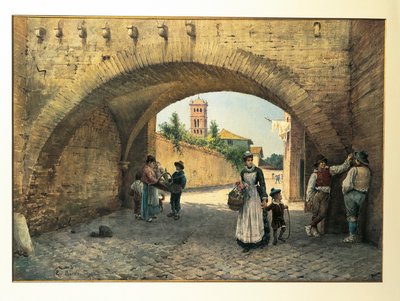 イタリア、ローマ、トロメイのアーチ（Ettore Roesler Franz作）、水彩画 作： Ettore Roesler Franz