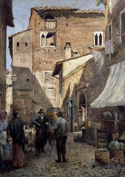 ピエルレオーニのローマの古い家々、エットーレ・ロスラー・フランツ（1845-1907）の水彩画、イタリア 作： Ettore Roesler Franz