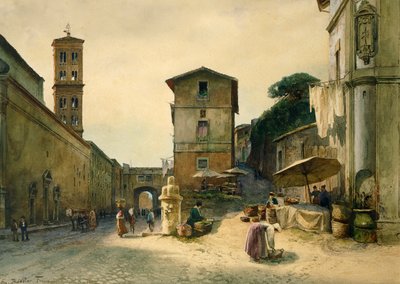 エットーレ・ロスラー・フランツ（1845-1907）による『ローマ・スパリータ』シリーズの「ローマの懺悔堂通り」。 作： Ettore Roesler Franz