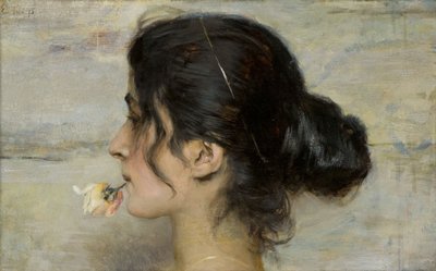 彼女の唇の間にバラを添えて、1895年。 作： Ettore Tito