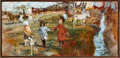 子供と犬のいる田舎の風景、川辺のロバ（油彩・キャンバス 作： Ettore Tito