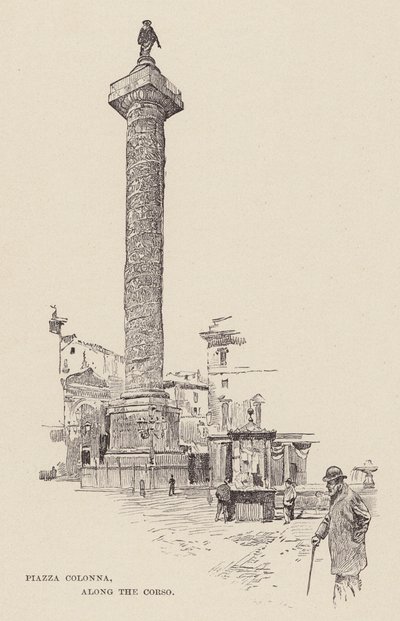 コロンナ広場、コルソ沿い（エングレーヴィング） 作： Ettore Tito