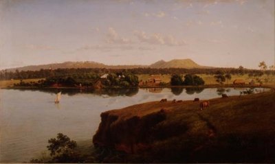 Purrumbete駅の北西方向の眺め。遠くにレウラ山とシュガーローフ山を望む（オーストラリア 作： Eugen von Guerard