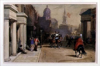 ポール・モールから見たトラファルガー・スクエア 1848-52年頃 （紙に鉛筆の上に水彩とガッシュを使用） 作： Eugene Louis Lami