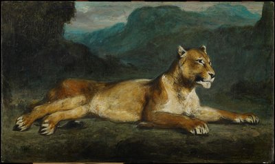 寝そべっている雌ライオン 1855年頃（パネルに油彩 作： Eugene  Delacroix