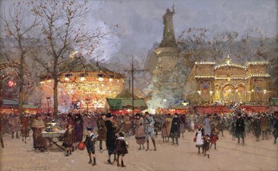 パリ、レピュブリック広場の「祭り」（紙に黒チョーク、グワッシュ 作： Eugene Galien Laloue