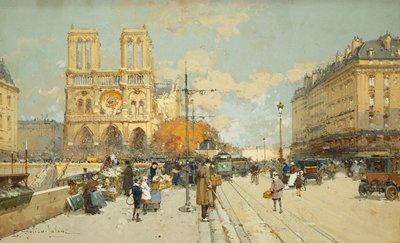 日当たりの良いパリの街並み、左のノートルダム大聖堂の人物 作： Eugene Galien Laloue