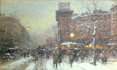 パリのポルトセントマーチン（紙に黒いチョークとガッシュ） 作： Eugene Galien Laloue