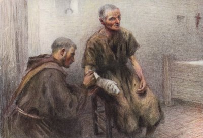 ベンティヴォーリア修道士、ハンセン病患者の手当てをする（カラーリトグラフ） 作： Eugene (after) Burnand