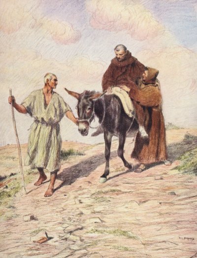 聖痕の刻印の後、修道士レオと共にラ・ヴェルナ山を下る聖フランチェスコ（カラーリトグラフ） 作： Eugene (after) Burnand