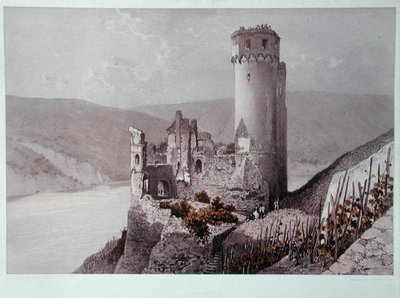 ライン渓谷のエーレンフェルシュロス、1863年頃（カラーリトグラフ） 作： Eugene (after) Ciceri