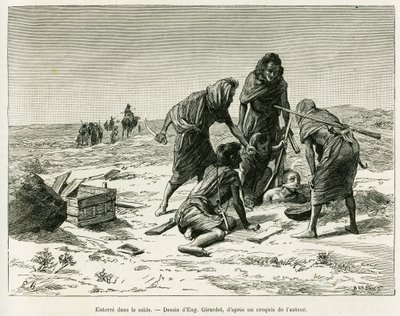 砂に埋もれて。エドゥアール・シャルトン（1807-1890）の指揮の下、カミーユ・ドゥールが1888年に発表した「le tour du monde 1888」に掲載された、1887年の西サハラの遊牧民の湿原での5ヶ月間の物語を説明するための、ウジェーヌ・ジラルデによるエングレーヴィング。 作： Eugene Alexis Girardet
