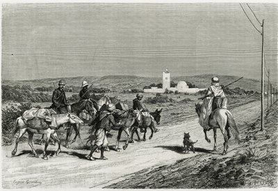 トレーラーが動いています。ウジェーヌ・ジラルデが、1882年から1883年に公共教育省から依頼された、ルネ・キャニャ（1852-1937）歴史家とアンリ・サラディン（1851-1923）建築家による物語「チュニジアへの旅」の挿絵として描いたもの。出版社 作： Eugene Alexis Girardet