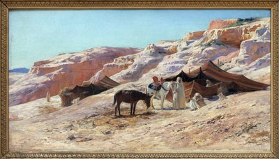 キャンプ、ユージーン・ジラルデ（1853-1907）によるキャンバスの油絵、砂丘の風景の中のアラブ人旅行者（ベドウィン）のグループの野営地。 薄暗い。 50×60cm。 写真、キム・ヨンテ、ナント、ナント美術館。 作： Eugene Alexis Girardet