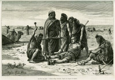 足の上のアイロン。1887年にカミーユ・ドゥールが書いた「Cinq mois chez les moures nomades du Sahara occidental」という物語を説明するためにウジェーヌ・ジラルデが描いたもので、1888年にエドゥアール・シャルトン（1807-1890）の指揮の下、le tour du mondeに収録されている。 作： Eugene Alexis Girardet