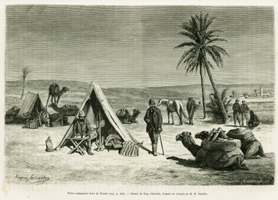 トズール近辺の旅人のキャンプ。R.CagnatとH.Saladinによる「Voyage en Tunisie」（1886年のle tour du monde、Edouard Charton(1807-1890)監督作品）の挿絵として、Eugene Girardetが描いたもの。 作： Eugene Alexis Girardet