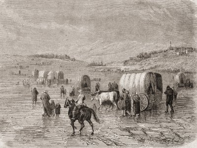1860年代に西に向かうワゴン列車。ステファンパンネメーカー（1847-1930）によって彫刻されました。 作： Eugene Antoine Samuel Lavieille