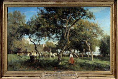 1865年、ノルマンディーでのりんご狩り。ウジェーヌ・ラヴィエイユ（1820-1889）による絵画 作： Eugene Antoine Samuel Lavieille