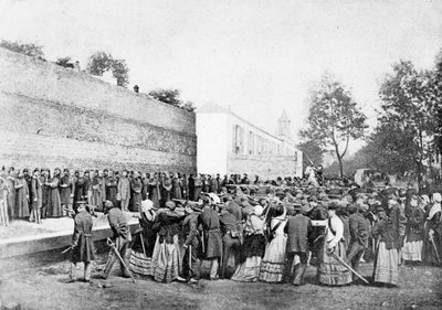 1871年、パリ、ベルヴィルのハクソ通りでの人質62人の虐殺の再現 作： Eugene Appert