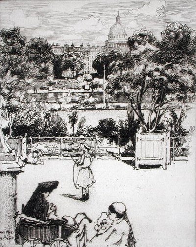 パリの公園（1903年発行の「Du Ier au XXeme: Les Arondissements de Paris...」より）（銅版画 作： Eugene Bejot