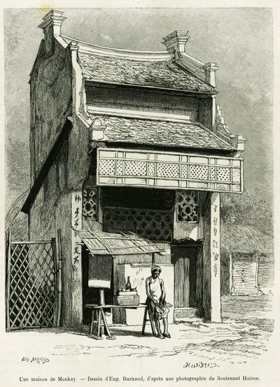 モンカイの家。エドゥアール・シャルトン（1807-1890）監督の『le tour du monde 1888』に収録されているP.Neiss医師の『Sur les frontières du Tonkin』の物語を説明するために、Eugene Burnandが描いた版画。 作： Eugene Burnand