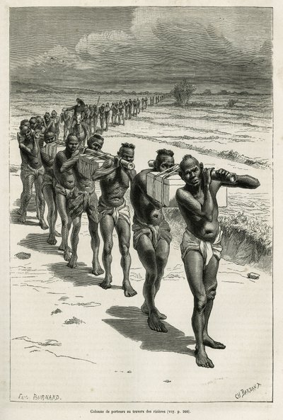バサックとフエの間の水田を通る担ぎ手の列。1877年にハーマン博士が書いたラオスとインドシナの野生の人々についての物語を説明するために、ユージン・バーナンドが描いた絵をもとにエッチングしたもので、「tour du monde」誌に掲載された。 作： Eugene Burnand