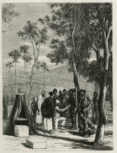 Dr. Harmand procedes a an anthropological measurements on the indigenous Khas, a Attopeu (Laos), engraving by Eugene Burnand, to illustrate the story of Laos and the wild populations of Indochina by Dr. Harmand, in 1877, published in the tour du monde, und 作： Eugene Burnand