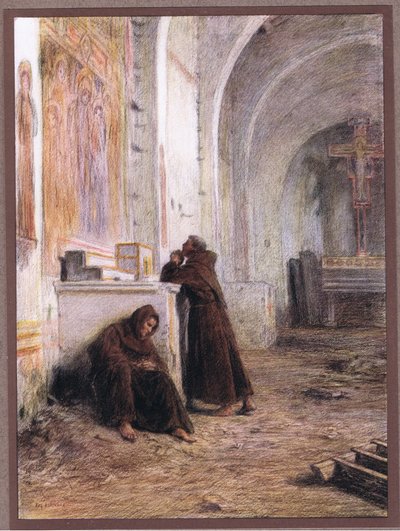 1919年、廃墟となった教会で飢餓に苦しむ修道士ジャイルズとその仲間 作： Eugene Burnand