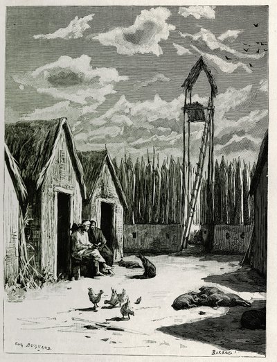 ミューオンガンの宣教師広場。P.Neis博士が1880年に発表した「上ラオスの旅」の挿絵として、Eugene Burnandが描いたもの。Le Tour du monde, nouveau journal des voyages, second semester 1885, edited by Edouard Charton (1807-1890), edに掲載。 作： Eugene Burnand