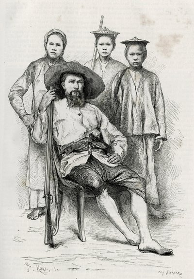 旅の仲間を囲む作者の肖像。P.Neis博士が1880年に発表した「上ラオスの旅」の挿絵として、Eugene Burnandが描いたもの。Le Tour du monde, nouveau journal des voyages, second semester 1885, edited by Edouに掲載。 作： Eugene Burnand