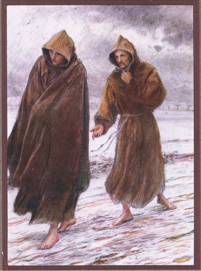 セントフランシスは、1919年に完璧な喜びが見つかる修道士レオに向かいました。 作： Eugene Burnand