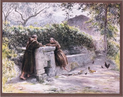 噴水で聖フランシスと修道士マッセオの復活。セントフランシスは1919年に貧困を賞賛 作： Eugene Burnand